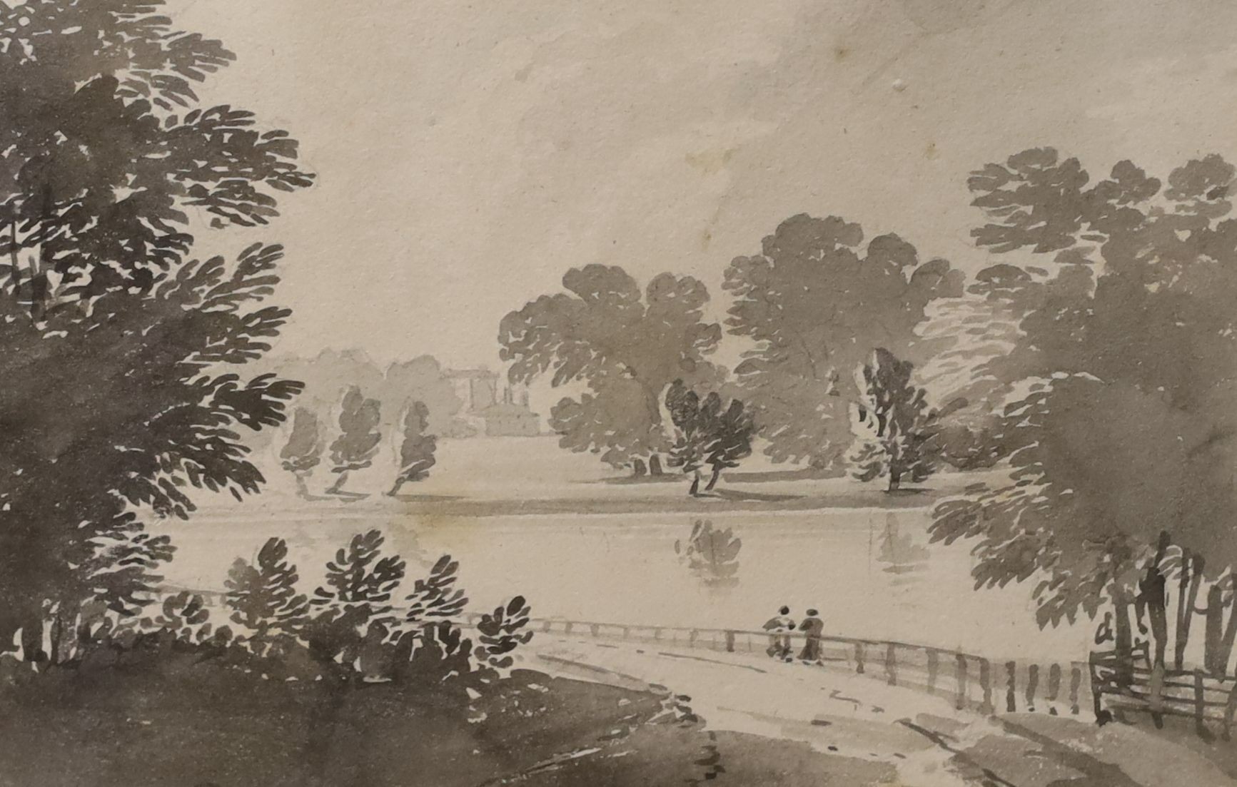 Attributed to Mary Mitford, 1770, watercolour en grisaille, River landscape, Appleby Brothers label verso, 22 x 32cm, a small watercolour attributed to James Bourne and an unframed watercolour, figure study, signed John